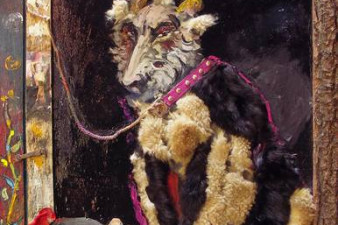 «На привязи». Анималистический автопортрет. 2009. Холст, масло, коллаж. 100х80